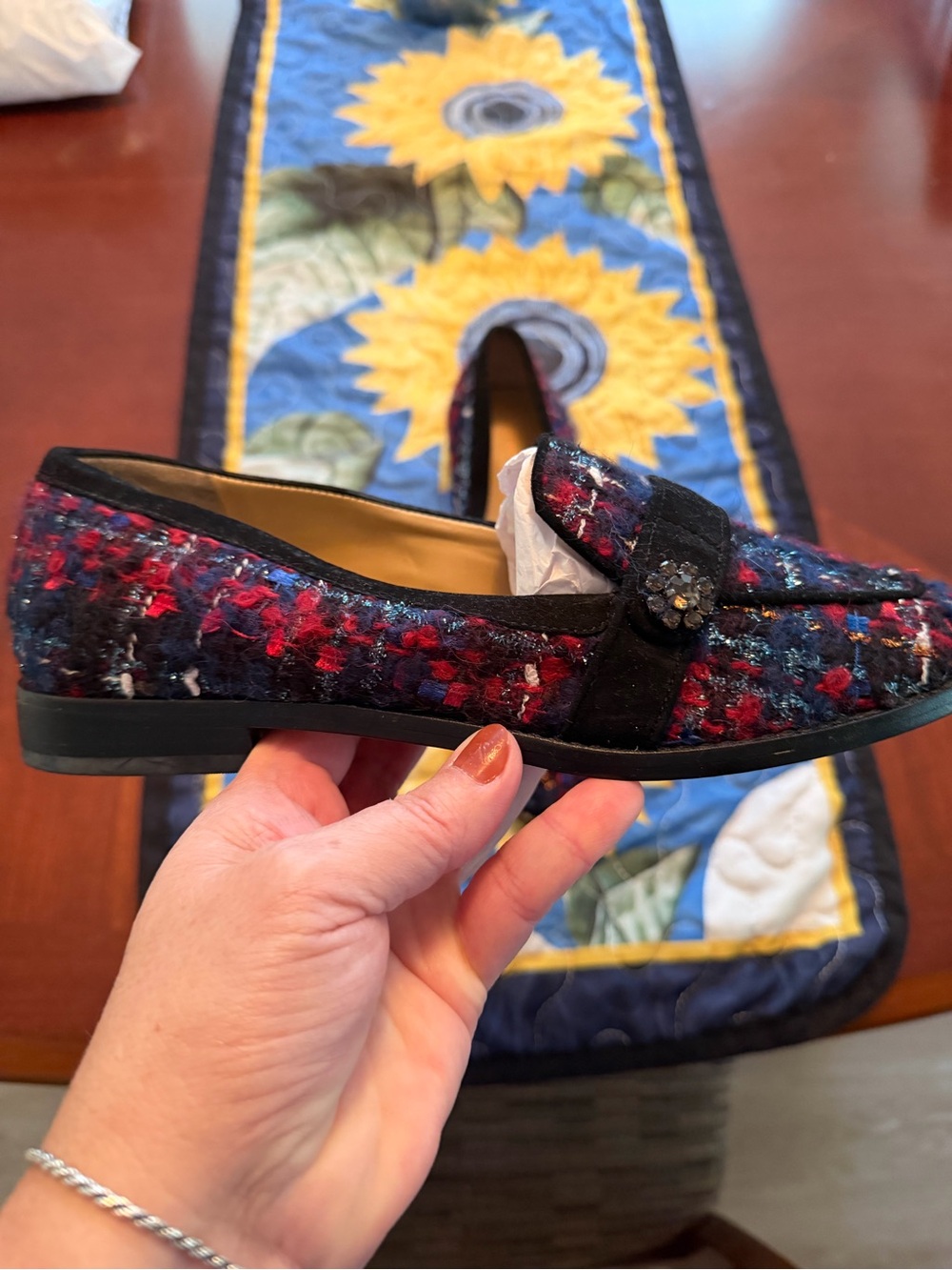 Talbots Multicolor Tweed Loafers with Black Suede Strap and Jewel Accent - Picture 3 of 3